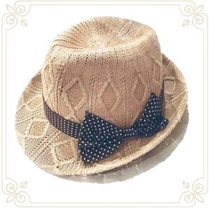 【即決★新品同様】水玉リボン付き麦わら帽子*中折れハット 春夏帽子