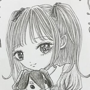 犬を抱く少女　モノクロ　ペン画　ハガキ　手描きイラスト　自作イラスト