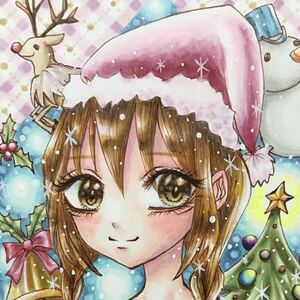 きらきらクリスマス女の子　コピックカラー　ハガキサイズ　手描きイラスト　自作イラスト。