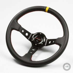 注目！Steering 35φ ディープコーン 70mm カーボン柄PVC 赤ColorBlackスステッチ イエロートップ「D35C」