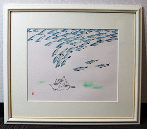 ◆雨田光弘◆夢◆水彩◆猫と魚◆眠る◆かわいい絵画◆動物画◆