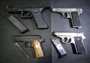 トイガン ジャンク×４ ★ Walther PPK / MARUZEN ★ COLT MKⅣ / TANAKA WORKS ★ GLOCK 17 / TOKYO MARUI★ BROWNING【全て難あり品】