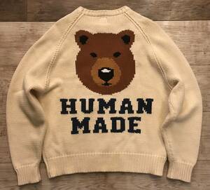 美品 HUMAN MADE ヒューマンメイド BEAR RAGLAN KNIT SWEATER ロゴ クマ ニットセーター OTSUMO PLAZA 正規品 WHITE/NAVY サイズ S