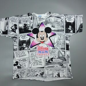 美品 90s 00s ディズニー DISNEY MGM STUDIOS THEME PARK ミッキーマウス 総柄 Tシャツ ヴィンテージ アメリカ古着