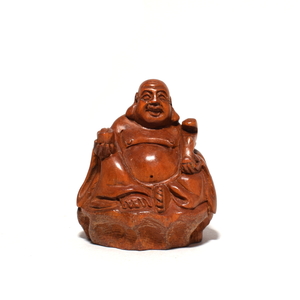 根付 布袋様 馬蹄銀 如意 柘植 木彫品 木製 彫刻品 黄楊 0707-15-17