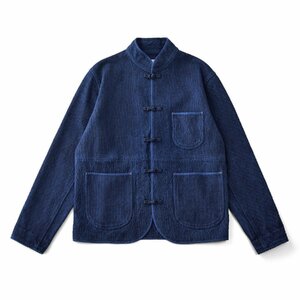 レトロ 藍染 17oz 刺し子 天然インディゴ ワークジャケット sashiko indigo ボタン ループ ブレザー 綿100% 厚手 濃紺 M