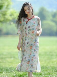 春夏 麻ワンピース XL レトロ エレガントな花柄 100％ラミー ロング丈 裏地付き 五分袖 薄手 優しい 体型カバー ゆったり 30代 40代 通勤