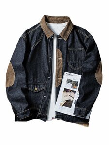 レトロ パッチワーク デニムジャケット ゆったり メンズ Gジャン ワークジャケット 春秋服 ジージャン 2XL