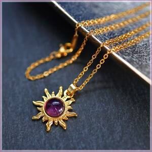 N7950/ all stain less sun necklace natural stone amethyst Ame si -stroke purple crystal sun pendant 18 gold processing surgical fine quality in present .