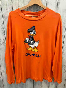 DISNEY ディズニー ロンT ドナルドダック 90s DONALD 刺繍 オレンジ 長袖Tシャツ コットン メンズ L