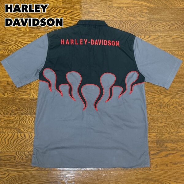 90s HARLEY DAVIDSON ワークシャツ 刺繍 ファイヤー