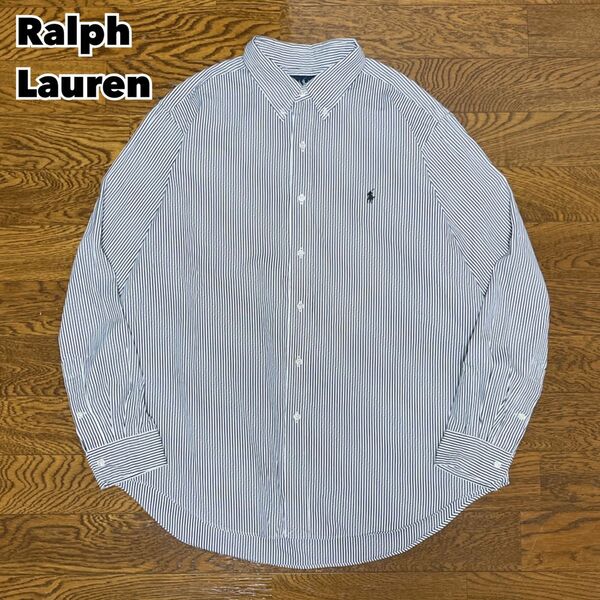 90s Ralph Lauren シャツ 長袖 ストライプ 刺繍ロゴ XL