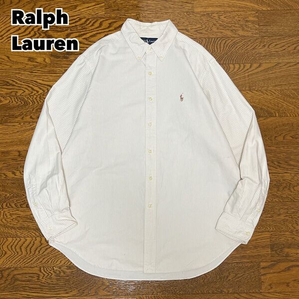 90s Ralph Lauren シャツ 長袖 ストライプ ベージュ 刺繍ロゴ
