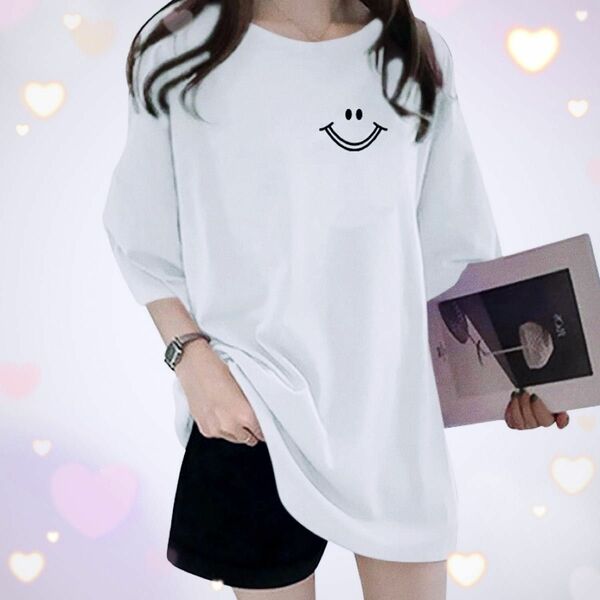 Tシャツ 半袖 韓国 　笑顔形　オーバーサイズ カジュアル　ロゴ　2XL 白