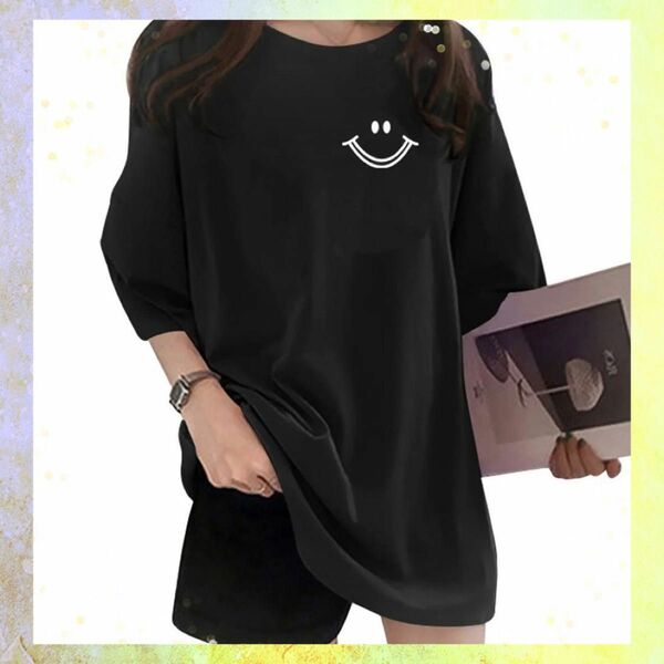 Tシャツ 半袖 韓国 　笑顔形　オーバーサイズ カジュアル　ロゴ　2XL 黒