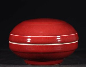◆御泓軒◆『明・宣徳年製款・古陶磁器・祭紅釉印泥盒・箱付』極細工・古賞物・中国古玩・中国古美術