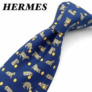 1スタ 未使用品 HERMES エルメス ネクタイ 総柄 犬 動物 紺色 ネイビー シルク100% フランス製