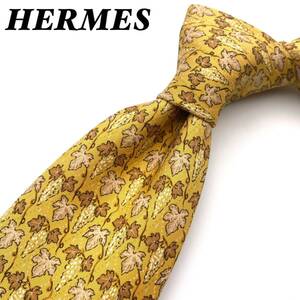 1 старт не использовался товар HERMES Hermes галстук желтый цвет желтый botanikaru растения общий рисунок лист .. клен . лист шелк 100% Франция производства 