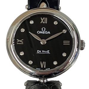 オメガ デ ヴィル プレステージ デュードロップ 黒文字盤 ダイヤ 稼働 QZ 革ベルト レディース 腕時計 OMEGA De Ville PrestigeT8826262