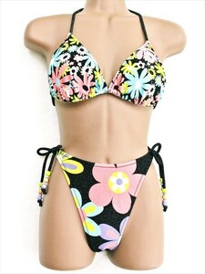 PJ1-66D*// as good as new!Beach Queen* made in Japan! floral print enough! lame entering! high leg * bikini * swim wear * most low price . postage .. packet if 210 jpy 