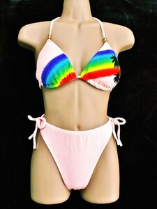 PJ1-71D*/ refreshing Rainbow & cocos nucifera. tree pattern!.. pink * high leg * bikini *. pad attaching swim wear * most low price . postage .. packet if 250 jpy 