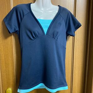 アディダス　テニス　ゲームシャツ　レディースL 紺x水色