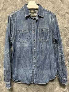 廃盤 RRLラルフローレン リネン デニム ワークシャツ ヴィンテージ USED加工 長袖 青 Double RL LINEN Vintage Denim Work Shirt Blue US-L