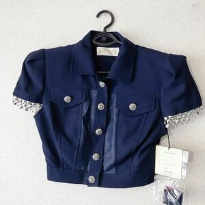 新品 クロップド バブリー 90s 韓国ファッション シャツ ジャケット 半袖　紺　装飾