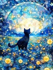 ダイヤモンドアート20×30 碧海　可愛い黒猫　花畑のネコさん　星降る夜　作成キット