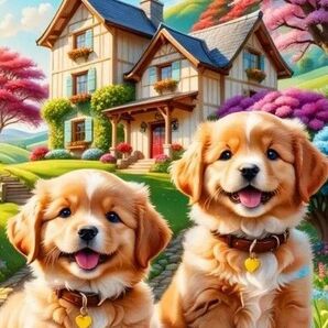 新品ダイヤモンドアート30×40 可愛い子犬と 家の風景 二匹のワンちゃん　カラフルなアート　作成キット