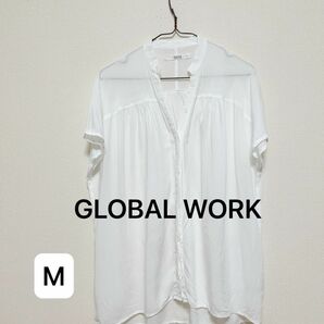 GLOBAL WORK グローバルワークシアースタンドカラーＶネックシャツ白ホワイト半袖ブラウスシースルーレギュラー大人カジュアル