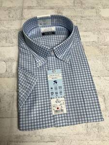 新品未使用　3Ｌサイズ 45cm 半袖シャツ　ブルーチェック　クールビズ対応　ボタンダウンカッターシャツ　