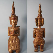 タイ 木製 仏像 テッパノム像 紅地 金塗 高さcm アンコールワット サワディ 木彫 仏教美術 密教 アユタヤ B5_画像3