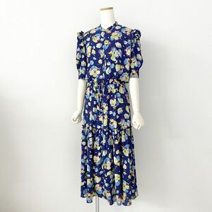 Ee28 LAUREN RALPH LAUREN Ralph Lauren floral print One-piece puff sleeve long One-piece 2 M size corresponding blue lady's for women 