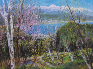 Art hand Auction Katsuaki Kakiuchi, [A mountain pass overlooking Lake Suwa and the Yatsugatake Mountains, with cherry blossoms in bloom], Rare art books and framed paintings, Comes with a new Japanese frame, In good condition, free shipping, Painting, Oil painting, Nature, Landscape painting