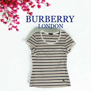 美品 BURBERRY LONDON 三陽商会正規品 ボーダー柄 レディース カットソー 半袖 Tシャツ バーバリー ロンドン 美シルエット ホースマーク