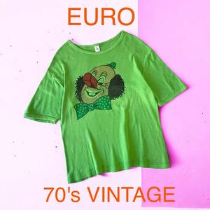 希少 EURO VINTAGE 70's ドイツ購入 ビンテージ プリント Tシャツ 半袖 ユーロ 古着 輸入 ピエロ ストレッチ カットソー ヨーロッパ古着