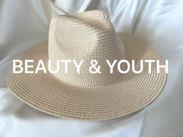 BEAUTY & YOUTH ハット　中折れ　サイズ調整紐つき　美品　フリーサイズ　帽子　麦わら　ストロー　ベージュ