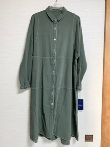 ゆったりロングシャツワンピース　配色ステッチ　タグ付　カーキ　40