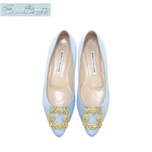 未使用 MANOLO BLAHNIK ハンギシフラットシューズ 36 ライトブルー サテン#ビジュー '23年商品