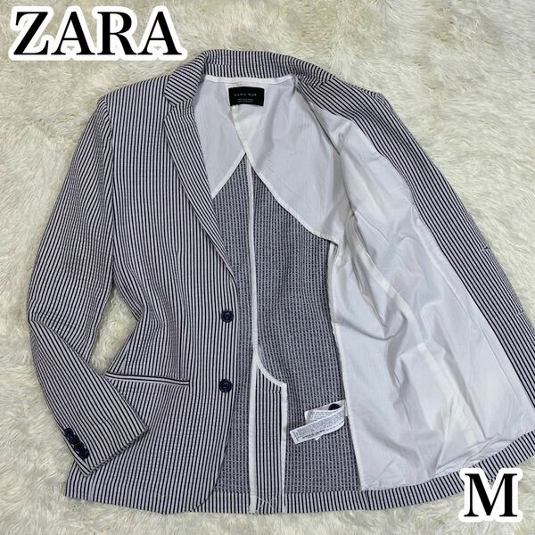 ザラ　ZARA テーラードジャケット　シアサッカー　ストライプ　ホワイト ブラック 白 黒 通勤 ビジネス M 46 2B ブレザ
