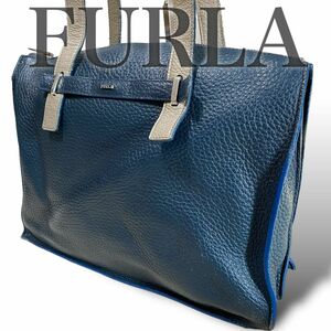 フルラ　FURLA トートバッグ　レザー　本革　A4収納　PC タブレット　ビジネス　通勤　通学　三層　ブルー　青　肩掛け　シボ革