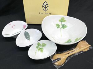 【E537】新品 未使用 LA AMYS/ラ エミーズ サラダボウル パルタージュ（大ボウル1個/小ボウル3個セット）木製スプーン＆フォークセット b