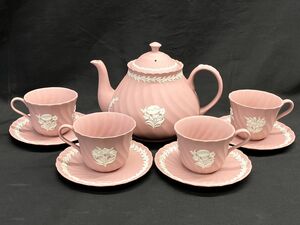 【E617】展示品 WEDGWOOD ウェッジウッド ジャスパー ピンク ティーポット/カップ＆ソーサー4客 ティーセット 洋食器 希少品