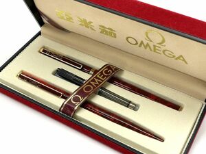 【E957】美品 OMEGA オメガ 万年筆 ボールペン ゴールド 2本セット マーブル 赤系 b