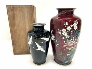 [E945] the 7 treasures .CLOISONNE [ regular ] Zaimei vase 2 point set flower vase ornament flower go in red black crane 