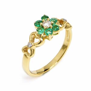  total 0.3ct natural emerald ring 9 number K18YG total 0.1ct natural diamond flower motif Heart ribbon yellow gold metal 2.7g used free shipping 