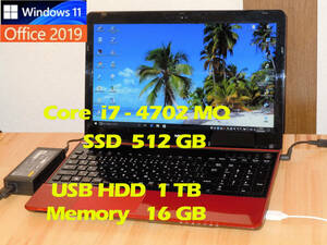 超速 Core i7 / 新品SSD512GB + HDD 1TB / 新品 16 GB / Windows11 / BLu-ray /高速 11ac WiFi / LS700NSR / Cam /Office/Bluetooth
