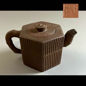 【寧】煎茶道具 唐物 朱泥 急須 六角 茶器 茶壷 紫砂 中国古玩