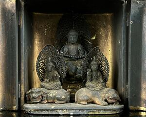 【寧】仏教美術 江戸期 木彫 阿弥陀如来像 文殊菩薩 普賢菩薩 仏像 時代品